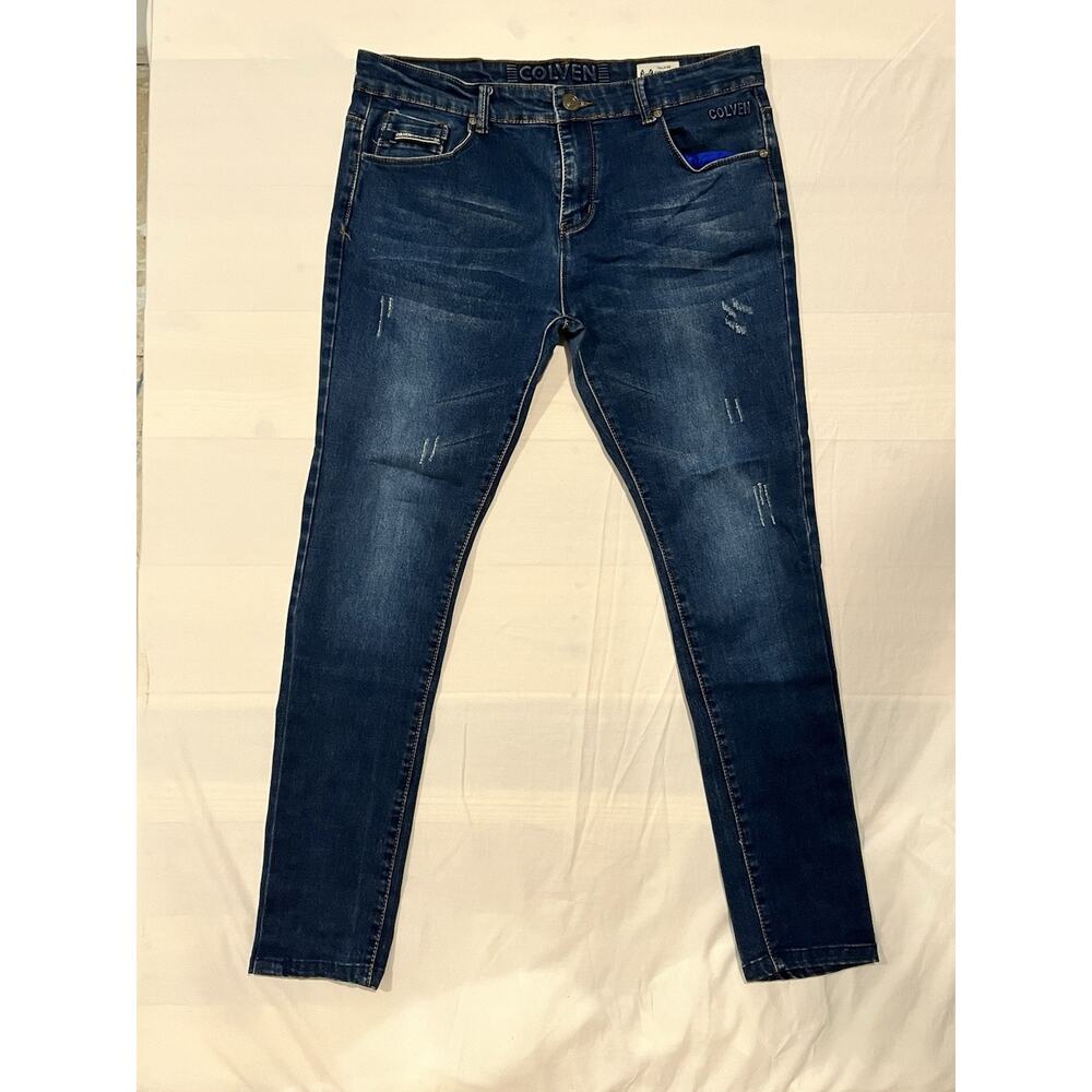 Colven Premium Denim Mens 36 Slim Skinny Stretch Distressed Blue Jeans